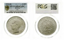Reichssilbermünzen J. 19-178, Bayern, Otto, 1886-1913
5 Mark 1913 D. Im PCGS-Blister mit Grading PR 64 CAM. Polierte Platte, selten