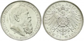 Reichssilbermünzen J. 19-178, Bayern, Luitpold 1911-1912
2 Mark 1911 D. Zum 90 jähr. Geb. m. Lebensdaten. Polierte Platte, berieben