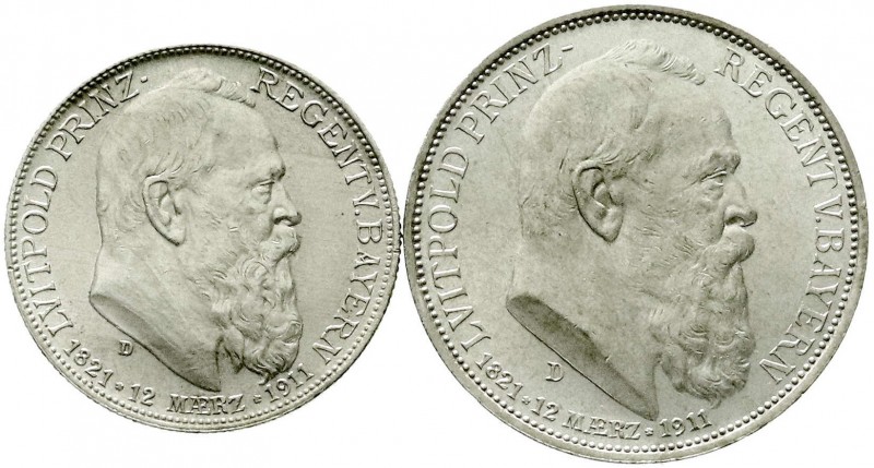 Reichssilbermünzen J. 19-178, Bayern, Luitpold 1911-1912
2 und 3 Mark 1911 D. Zu...