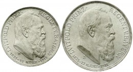 Reichssilbermünzen J. 19-178, Bayern, Luitpold 1911-1912
2 und 3 Mark 1911 D. Zum 90 jähr. Geb. m. Lebensdaten. beide fast Stempelglanz