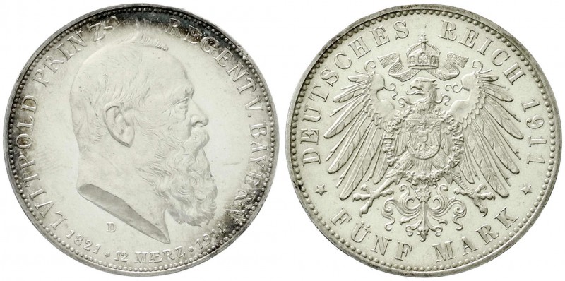 Reichssilbermünzen J. 19-178, Bayern, Luitpold 1911-1912
5 Mark 1911 D. Zum 90 j...