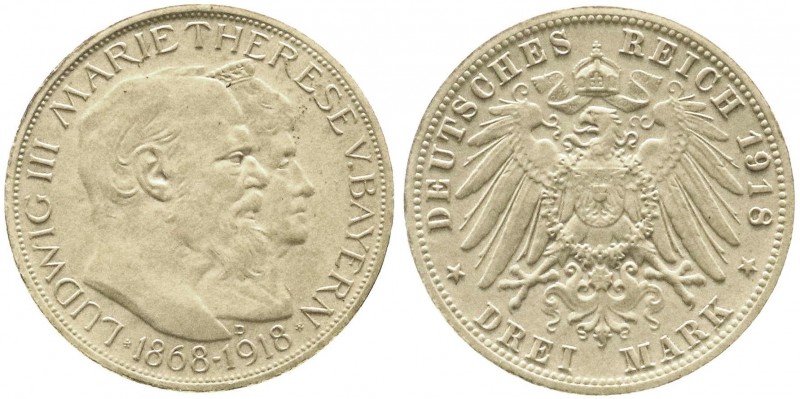 Reichssilbermünzen J. 19-178, Bayern, Ludwig III., 1913-1918
3 Mark 1918 D, Gold...