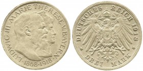 Reichssilbermünzen J. 19-178, Bayern, Ludwig III., 1913-1918
3 Mark 1918 D, Goldene Hochzeit. Prägung vom Originalstempel auf weißer dicker Pappe ohne...