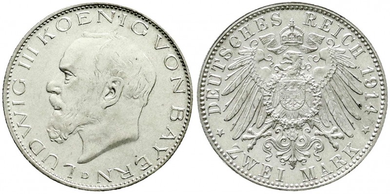 Reichssilbermünzen J. 19-178, Bayern, Ludwig III., 1913-1918
2 Mark 1914 D. fast...