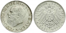 Reichssilbermünzen J. 19-178, Bayern, Ludwig III., 1913-1918
3 Mark 1914 D. fast Stempelglanz, leichte prägebed. Randunebenheiten