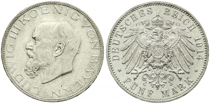 Reichssilbermünzen J. 19-178, Bayern, Ludwig III., 1913-1918
5 Mark 1914 D. vorz...