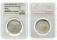 Reichssilbermünzen J. 19-178, Braunschweig, Ernst August, 1913-1916
3 Mark 1915 A. Ohne Lüneburg. Im NGC-Blister mit Grading MS 63. prägefrisch/fast S...