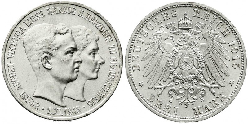 Reichssilbermünzen J. 19-178, Braunschweig, Ernst August, 1913-1916
3 Mark 1915 ...