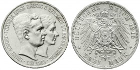 Reichssilbermünzen J. 19-178, Braunschweig, Ernst August, 1913-1916
3 Mark 1915 A. Ohne Lüneburg. prägefrisch/fast Stempelglanz, min. Randfehler, selt...