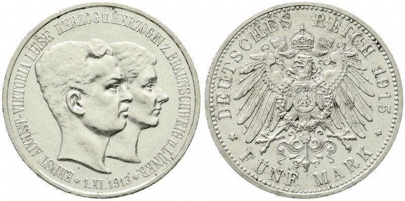Reichssilbermünzen J. 19-178, Braunschweig, Ernst August, 1913-1916
5 Mark 1915 ...