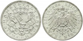 Reichssilbermünzen J. 19-178, Bremen
5 Mark 1906 J. prägefrisch/fast Stempelglanz