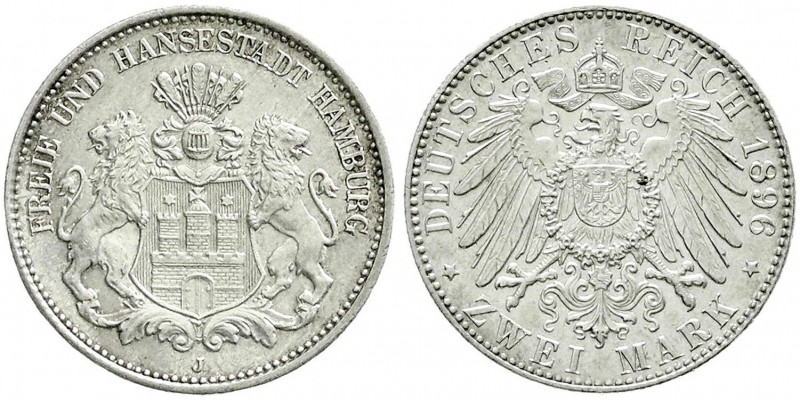 Reichssilbermünzen J. 19-178, Hamburg
2 Mark 1896 J. fast Stempelglanz, selten i...