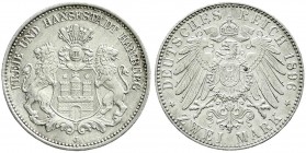 Reichssilbermünzen J. 19-178, Hamburg
2 Mark 1896 J. fast Stempelglanz, selten in dieser Erhaltung
