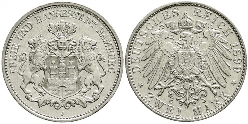 Reichssilbermünzen J. 19-178, Hamburg
2 Mark 1899 J. fast Stempelglanz
