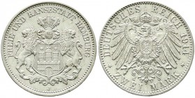 Reichssilbermünzen J. 19-178, Hamburg
2 Mark 1914 J. vorzüglich/Stempelglanz