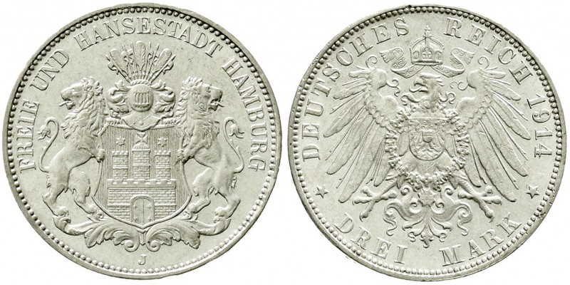 Reichssilbermünzen J. 19-178, Hamburg
3 Mark 1914 J. fast Stempelglanz