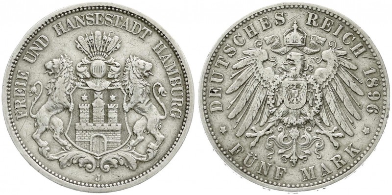 Reichssilbermünzen J. 19-178, Hamburg
5 Mark 1896 J. Seltenes Jahr. sehr schön, ...