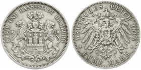 Reichssilbermünzen J. 19-178, Hamburg
5 Mark 1896 J. Seltenes Jahr. sehr schön, kl. Kratzer