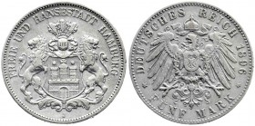 Reichssilbermünzen J. 19-178, Hamburg
5 Mark 1896 J. Seltenes Jahr. sehr schön, Randfehler