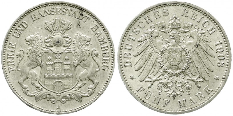 Reichssilbermünzen J. 19-178, Hamburg
5 Mark 1903 J. fast Stempelglanz, winz. Kr...
