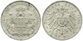 Reichssilbermünzen J. 19-178, Hamburg
5 Mark 1903 J. fast Stempelglanz, winz. Kratzer