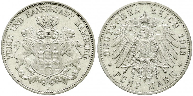 Reichssilbermünzen J. 19-178, Hamburg
5 Mark 1913 J. vorzüglich/Stempelglanz, wi...