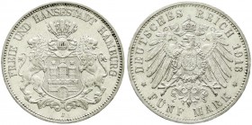 Reichssilbermünzen J. 19-178, Hamburg
5 Mark 1913 J. vorzüglich/Stempelglanz, winz. Kratzer