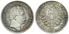 Reichssilbermünzen J. 19-178, Hessen, Ludwig III., 1848-1877
2 Mark 1877 H. gutes vorzüglich, schöne Patina
