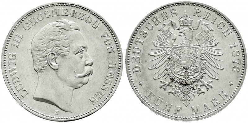 Reichssilbermünzen J. 19-178, Hessen, Ludwig III., 1848-1877
5 Mark 1876 H. vorz...