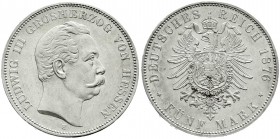 Reichssilbermünzen J. 19-178, Hessen, Ludwig III., 1848-1877
5 Mark 1876 H. vorzüglich/Stempelglanz, selten in dieser Erhaltung