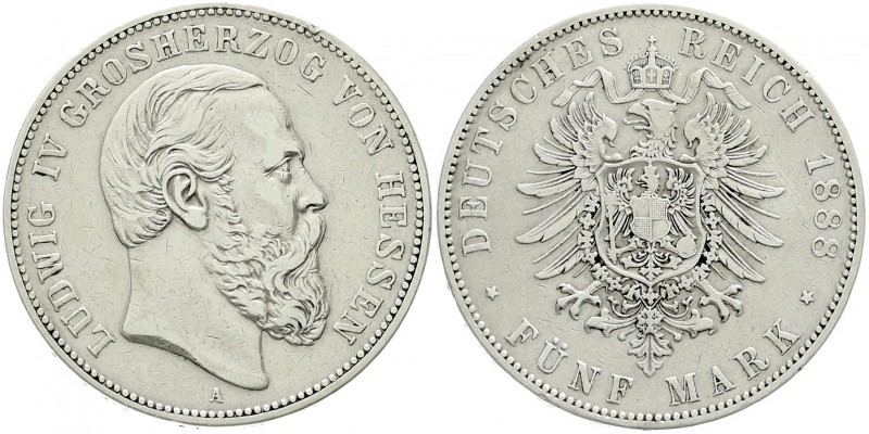 Reichssilbermünzen J. 19-178, Hessen, Ludwig IV., 1877-1892
5 Mark 1888 A. sehr ...