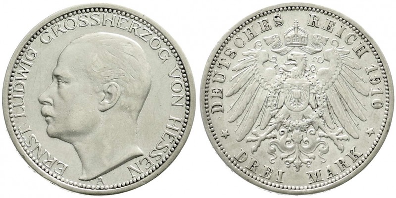 Reichssilbermünzen J. 19-178, Hessen, Ernst Ludwig, 1892-1918
3 Mark 1910 A. gut...