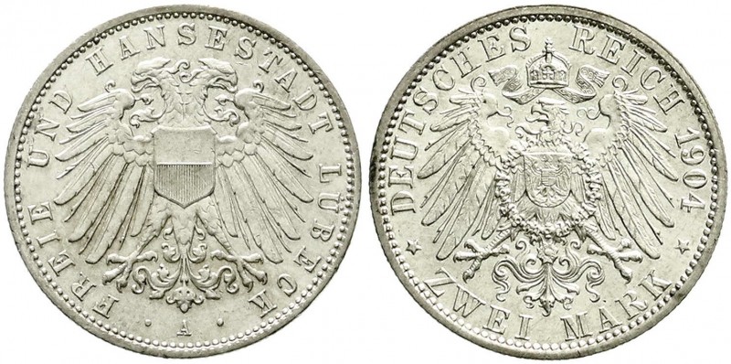 Reichssilbermünzen J. 19-178, Lübeck
2 Mark 1904 A. vorzüglich/Stempelglanz