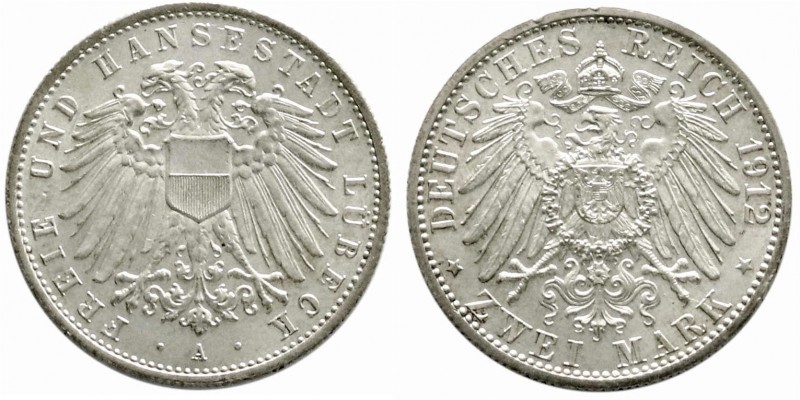 Reichssilbermünzen J. 19-178, Lübeck
2 Mark 1912 A. vorzüglich/Stempelglanz, kl....