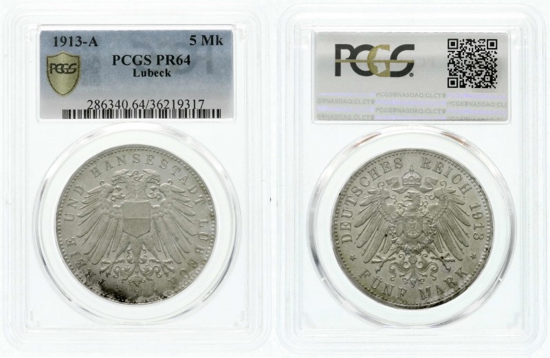 Reichssilbermünzen J. 19-178, Lübeck
5 Mark 1913 A. Im PCGS-Blister mit Grading ...