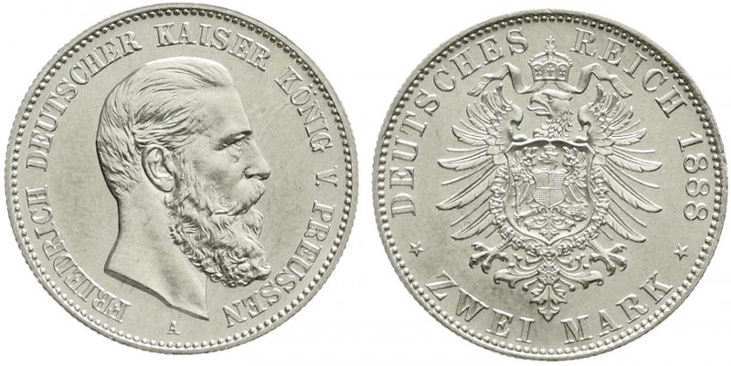 Reichssilbermünzen J. 19-178, Preußen, Friedrich III., 1888
2 Mark 1888 A. fast ...