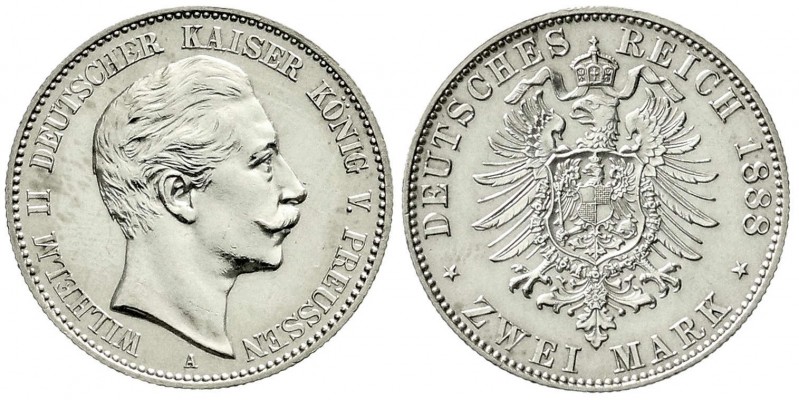 Reichssilbermünzen J. 19-178, Preußen, Wilhelm II., 1888-1918
2 Mark 1888 A. Kl....