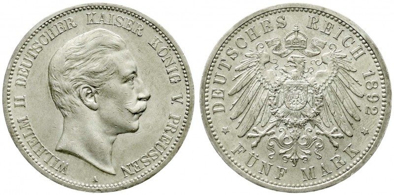 Reichssilbermünzen J. 19-178, Preußen, Wilhelm II., 1888-1918
5 Mark 1892 A. vor...