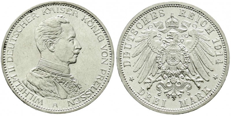 Reichssilbermünzen J. 19-178, Preußen, Wilhelm II., 1888-1918
3 Mark 1914 A. Uni...