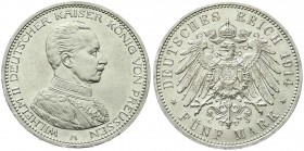 Reichssilbermünzen J. 19-178, Preußen, Wilhelm II., 1888-1918
5 Mark 1914 A. Uniform. fast Stempelglanz