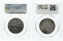 Reichssilbermünzen J. 19-178, Preußen, Wilhelm II., 1888-1918
3 Mark 1915 A. Mansfeld. Im PCGS-Blister mit Grading MS 64. fast Stempelglanz, schöne du...
