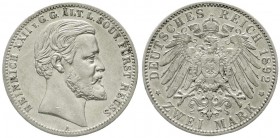 Reichssilbermünzen J. 19-178, Reuß, ältere Linie, Heinrich XXII., 1859-1902
2 Mark 1892 A, zum 25-jähr. (Regierungsjubiläum). gutes sehr schön