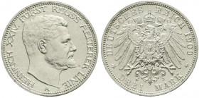 Reichssilbermünzen J. 19-178, Reuß, ältere Linie, Heinrich XXIV., 1902-1918
3 Mark 1909 A. fast Stempelglanz