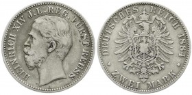 Reichssilbermünzen J. 19-178, Reuß, jüngere Linie, Heinrich XIV., 1867-1913
2 Mark 1884 A. fast sehr schön