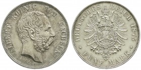 Reichssilbermünzen J. 19-178, Sachsen, Albert, 1873-1902
5 Mark 1875 E. vorzüglich, kl. Kratzer, schöne Patina