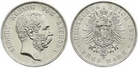 Reichssilbermünzen J. 19-178, Sachsen, Albert, 1873-1902
5 Mark 1875 E. vorzüglich, etwas gereinigt