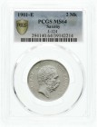 Reichssilbermünzen J. 19-178, Sachsen, Albert, 1873-1902
2 Mark 1901 E. Im PCGS-Blister mit Grading MS 64. Stempelglanz, Prachtexemplar
