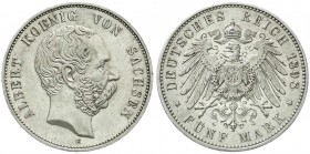 Reichssilbermünzen J. 19-178, Sachsen, Albert, 1873-1902
5 Mark 1898 E. vorzüglich/Stempelglanz aus Polierte Platte, min. Randfehler