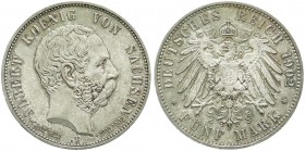 Reichssilbermünzen J. 19-178, Sachsen, Albert, 1873-1902
5 Mark 1902 E. Auf seinen Tod. Stempelglanz, Prachtexemplar mit herrlicher Patina