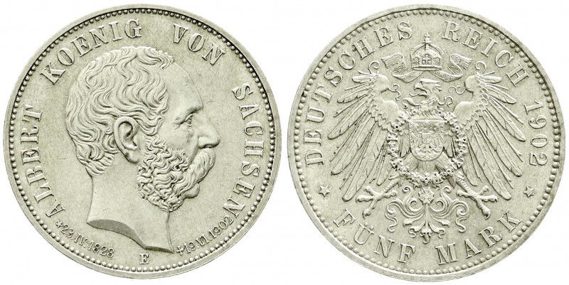 Reichssilbermünzen J. 19-178, Sachsen, Albert, 1873-1902
5 Mark 1902 E. Auf sein...